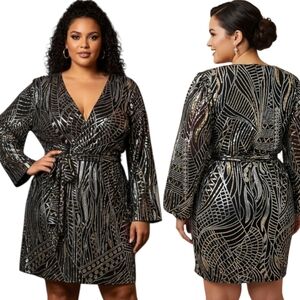 FAERIESTY Sequined Faux Wrap Mini Dress - 2XL